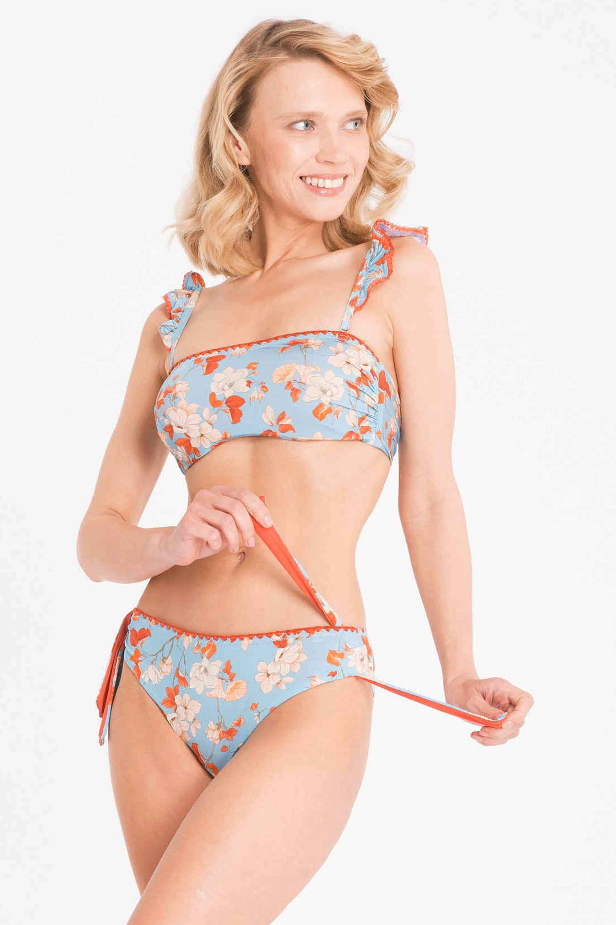 Costume due pezzi fascia fiori azzurro VACANZE ITALIANE